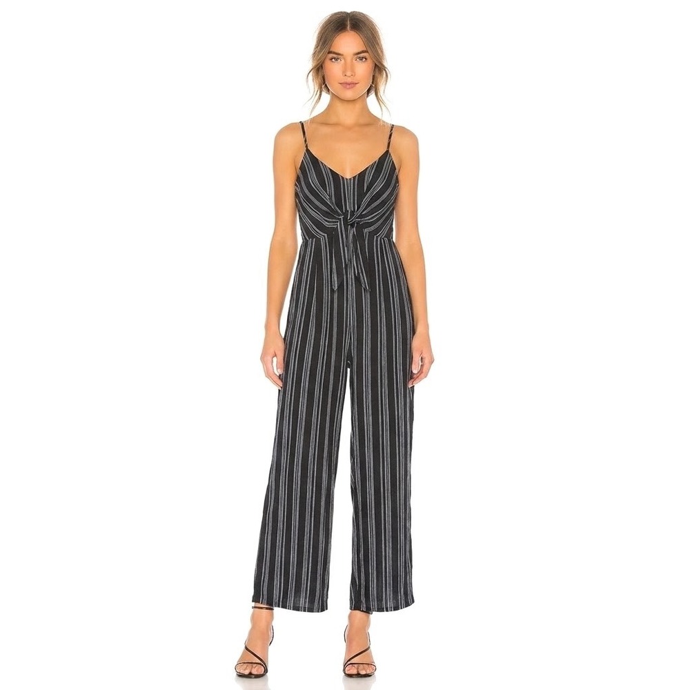 Ellen Tracy Navy White Striped Linen Blend Tie Front Jumpsuit Womens Medium